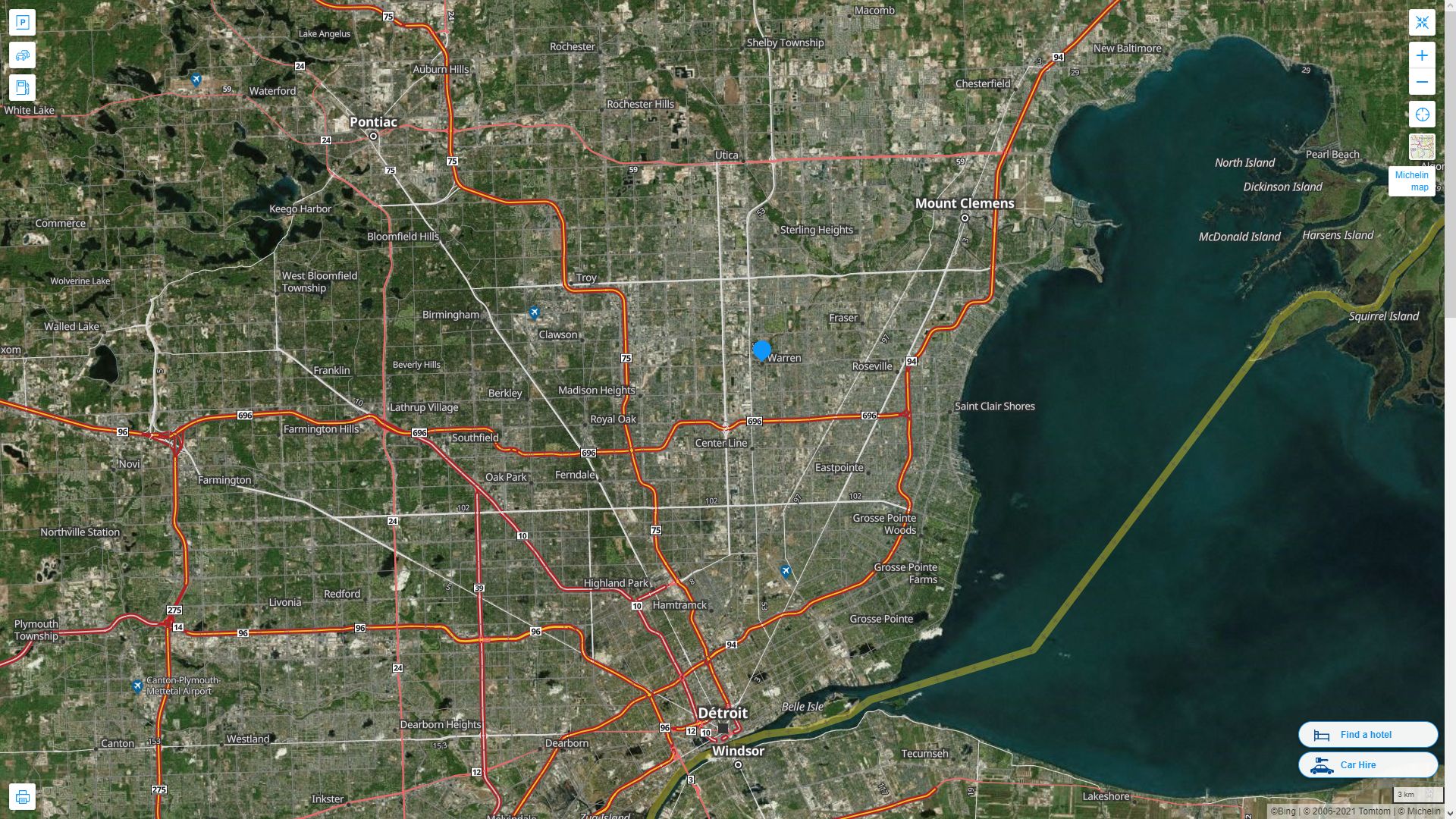Warren Michigan Highway and Road Map with Satellite View